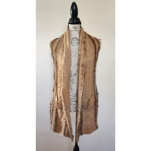 Rare Longline‎ Sleveeles Tan Cardigan Vest Size M Rabbit Fur Knit Crochet Unique